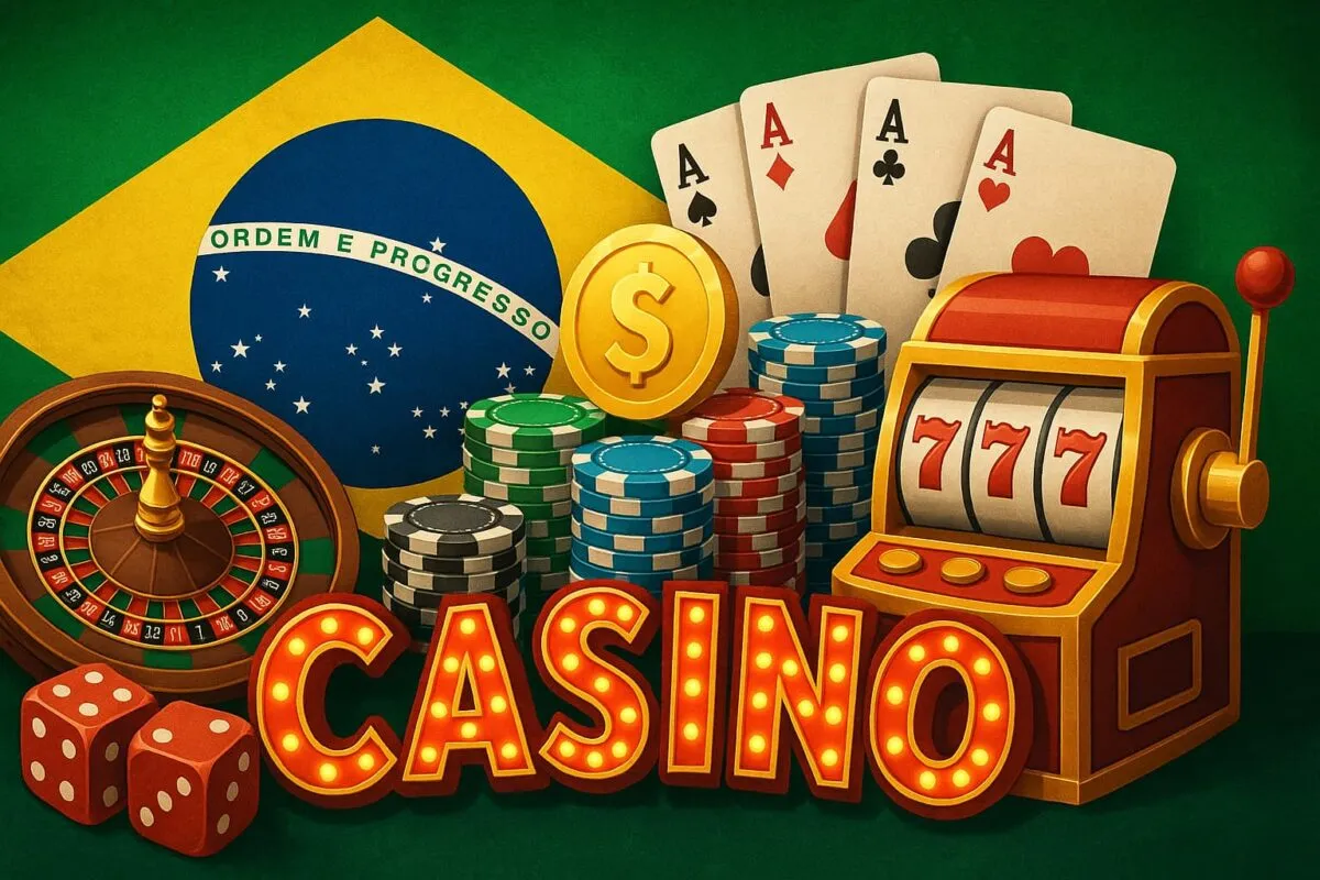 Imagem ilustrativa de cassino com bandeira do Brasil, dados e fichas.
