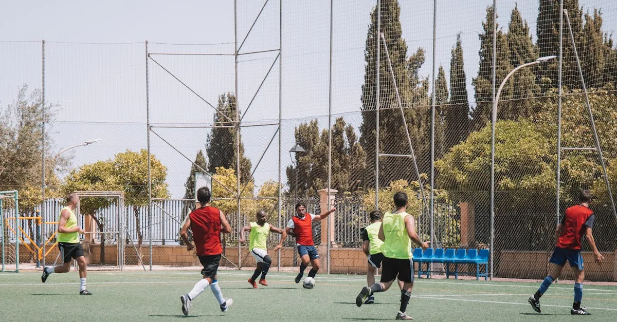 Grupo de jovens jogando futebol em um campo aberto com rede e árvores ao fundo.