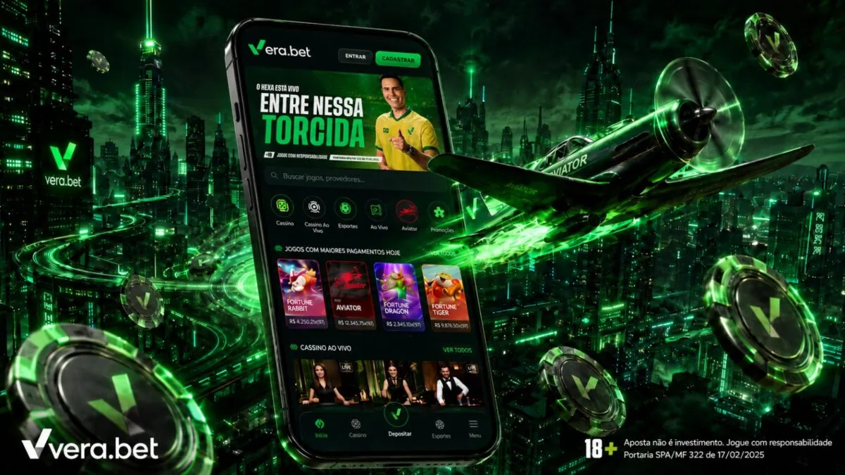 Tela do aplicativo Vera.bet mostrando opções de apostas com fundo urbano futurista.