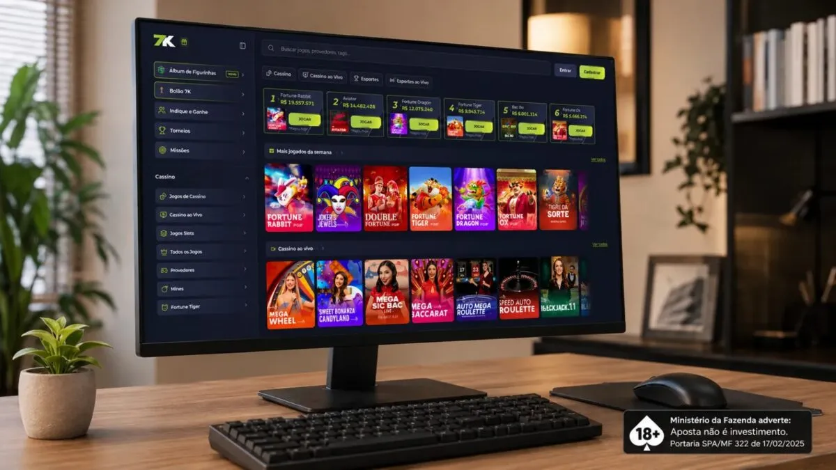Tela de computador exibindo uma interface de cassino online com diferentes jogos.
